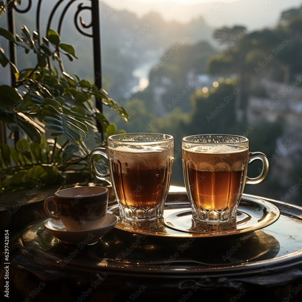 Coffee and tea to warm the body in a cool place, with a blurry backdrop of waterfalls and natural beauty, great for travel, advertising, social media, blog backgrounds etc. Ai generative concept Coffee and tea to warm the body in a cool place, with a blurry backdrop of waterfalls and natural beauty, great for travel, advertising, social media, blog backgrounds etc. Ai generative concept