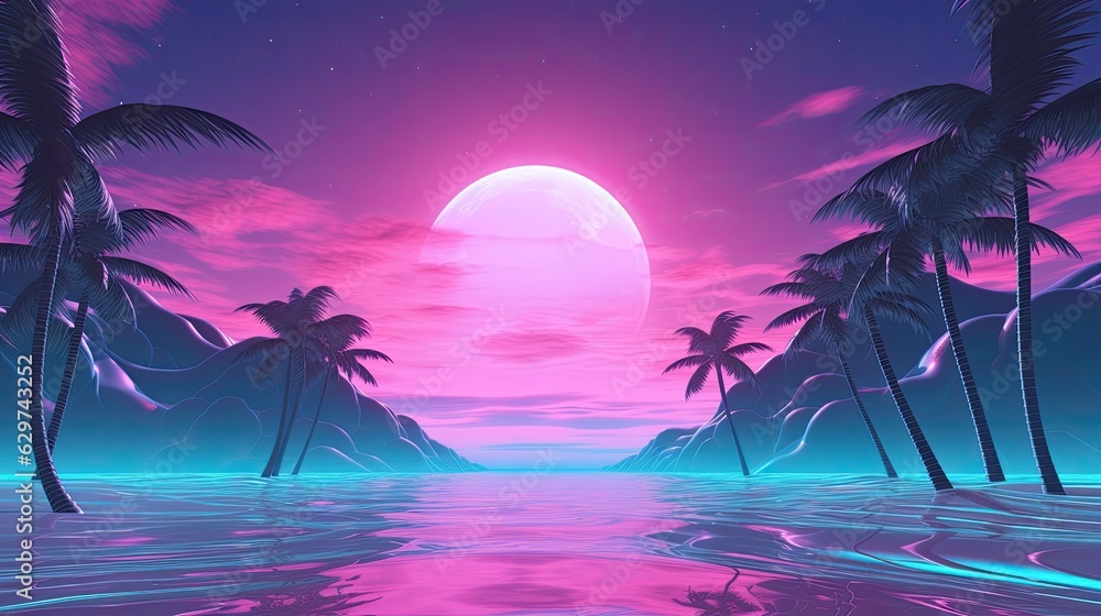 tropical island with palm trees vaporwave