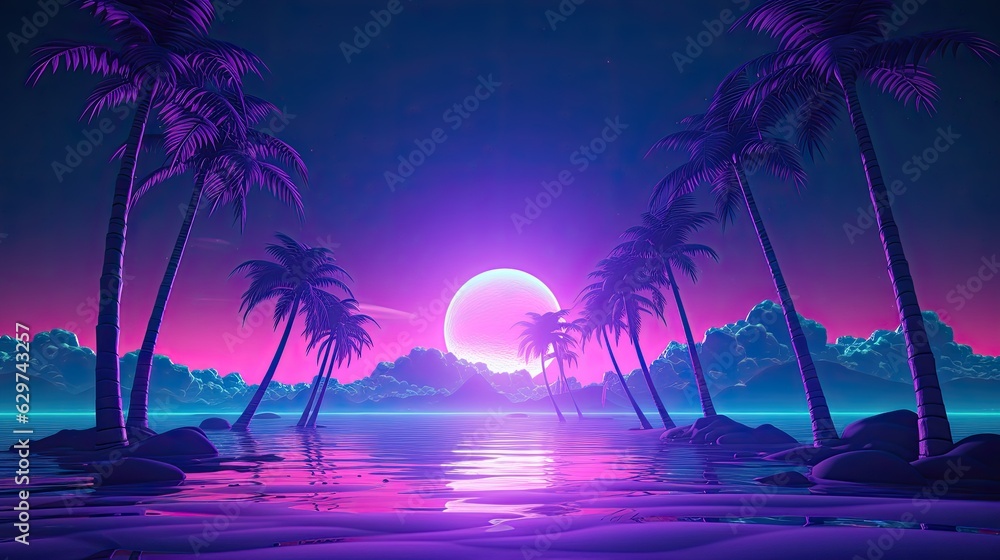 tropical sunset with trees vaporwave