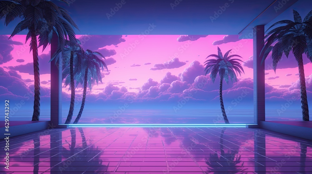 tropical sunset with palm trees vaporwave
