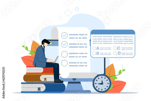 Concept of online exam, online testing, questionnaire form, online education, survey, internet quiz. Modern illustration in flat style for landing page, mobile app, poster, banner, template, web.