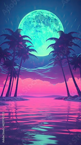 tropical island with palm trees vaporwave