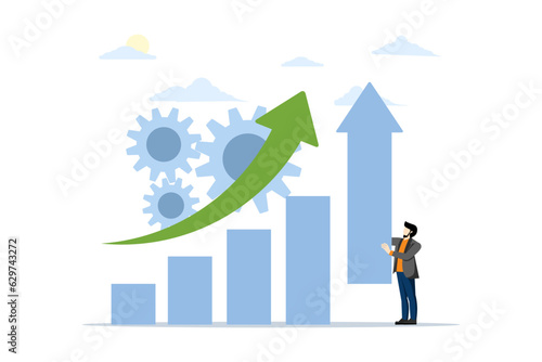 increase sales concept, promote your business with small people. business management. businessman holding growth chart, increasing sales and profit, company web page metaphor. flat vector illustration