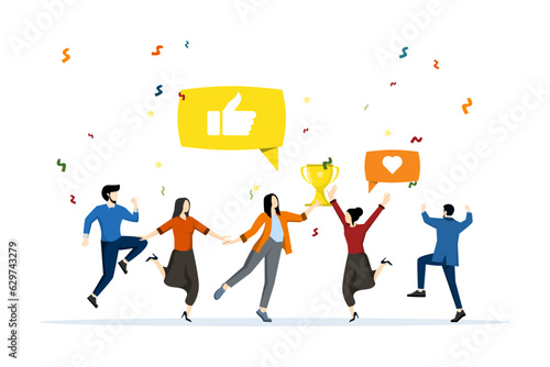 Successful business team concept. Happy business people holding prize winning trophy and celebrating achievement. Modern flat style illustration for team work and award concept.
