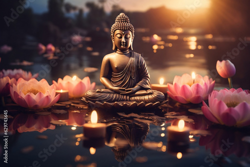Sacred Buddha Serenity, Lotus Flowers and Candles on River for Buddha Purnima Vesak Day