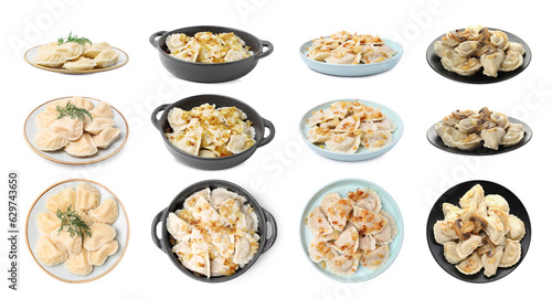 Set of tasty dumplings (varenyky) isolated on white, top and side views photo