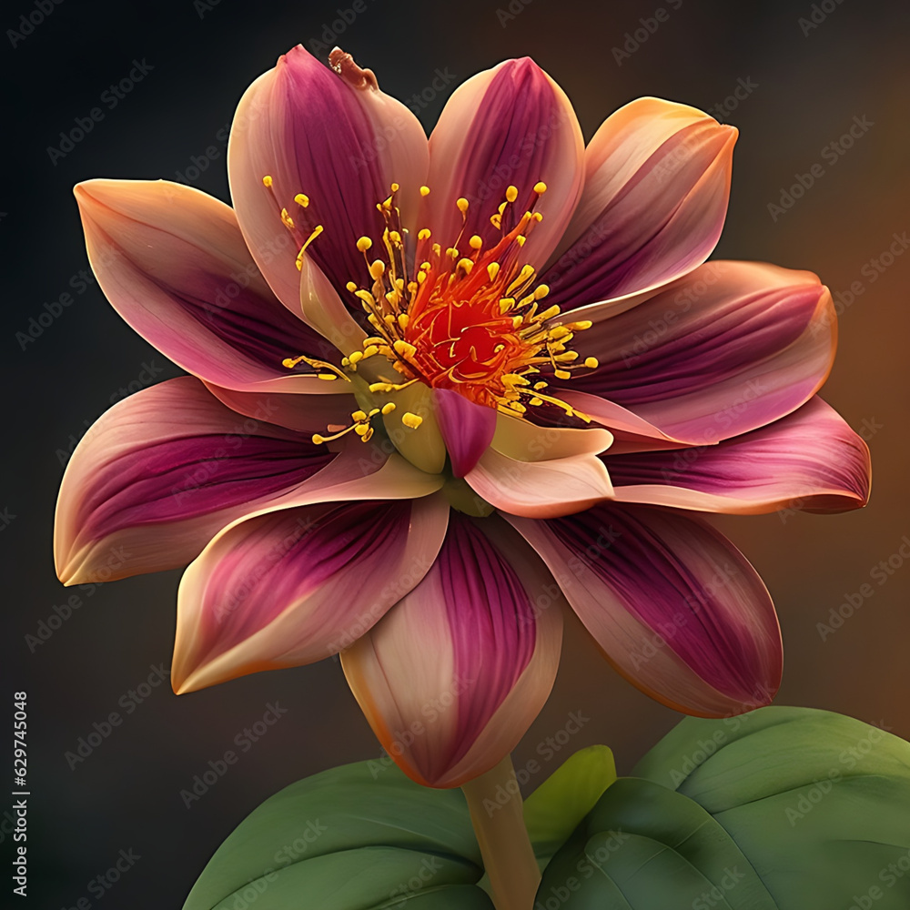 A flower with a yellow and pink flower with the red center.