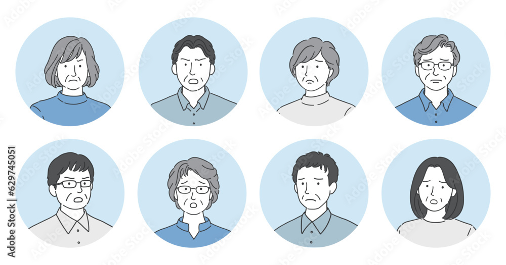ネガティブな表情をしたシニア男性とシニア女性の丸アイコンセット ネガティブな表情をしたシニア男性とシニア女性の丸アイコンセット