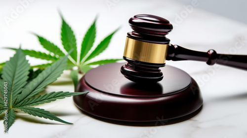 A gavel on a white surface next to a marijuana small leaves 