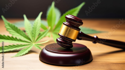 A gavel on a white surface next to a marijuana small leaves 