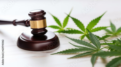 A gavel on a white surface next to a marijuana small leaves 