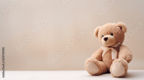 Beige bear peluche pale gray background with copy space