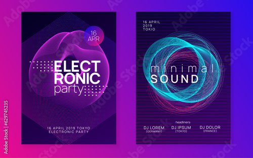 Neon edm flyer. Electro trance music. Techno dj party. Electronic sound event. Club dance poster.