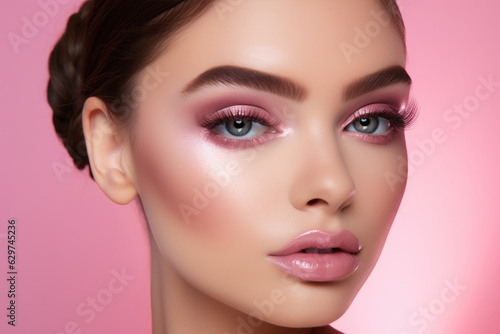 Portrait of a young beautiful woman with pink make up, healthy skin sexy lips Generative AI