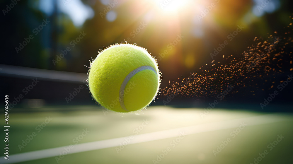 Tennis ball flies over the net, soft sunlight