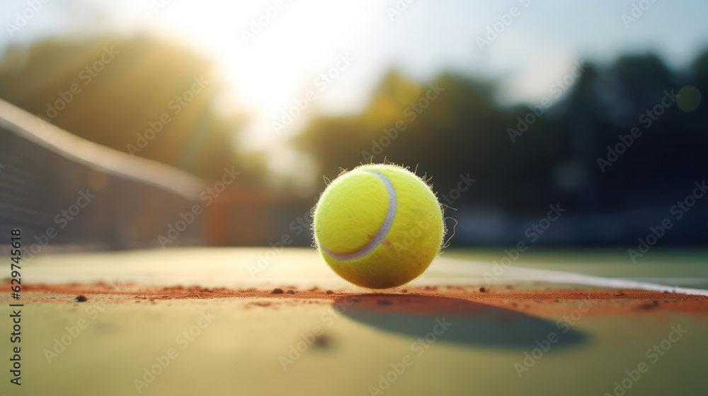 Tennis ball flies over the net, soft sunlight