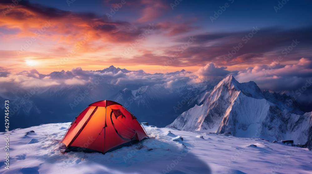 Orange tent in winter mountains skies standing in snow with a majestic view of a slope for skiing in mountains.