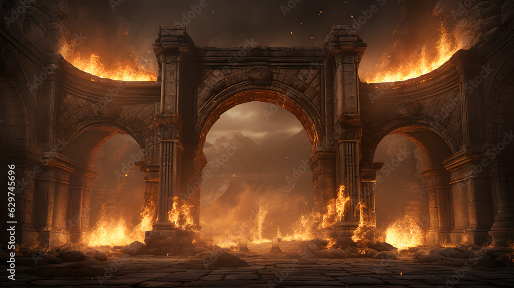 Ancient classic architecture stone arches with flames
Ancient classic architecture stone arches with flames