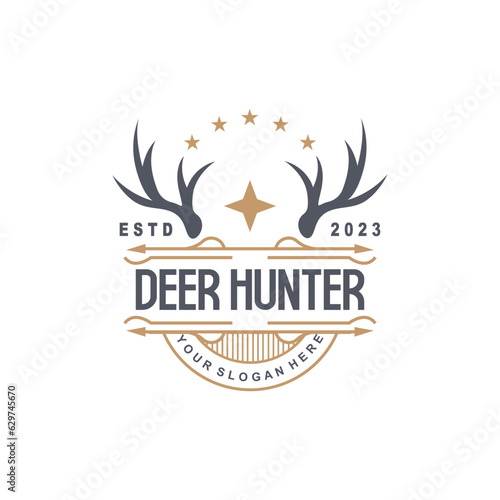 Deer Logo, Deer Hunter Vector, Forest Animal Design, Deer Antlers Retro Vintage Symbol Design Icon