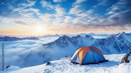 Tent in winter mountains skies standing in snow with a majestic view of a slope for skiing in mountains.
