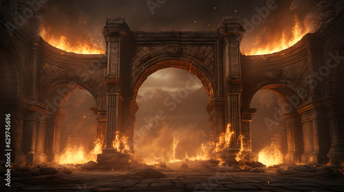Fotografie, Obraz Ancient classic architecture stone arches with flames