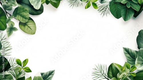 White background frame with many green leaves 