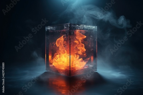Futuristic glowing cube with smoke and be heated lava on dark room background | Generative AI