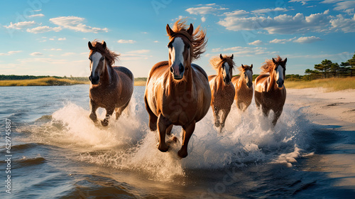 Wild horses running in the surf on a beach © James Nesterwitz