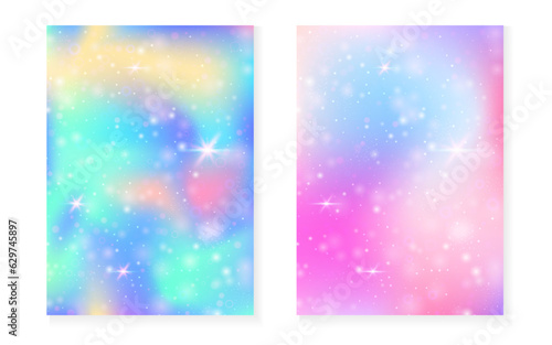 Rainbow background with kawaii princess gradient. Magic unicorn hologram.