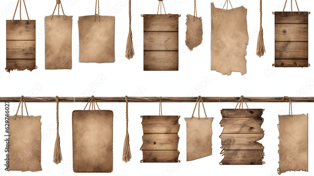 Blank empty wooden rustic board wood on hanging rope. Many assorted ...