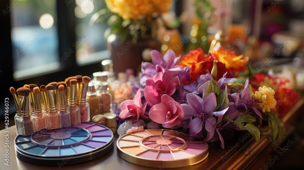 makeup on the table with flowers