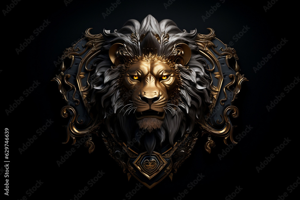 Regal lion head in ornate shield with gold accents on black background,