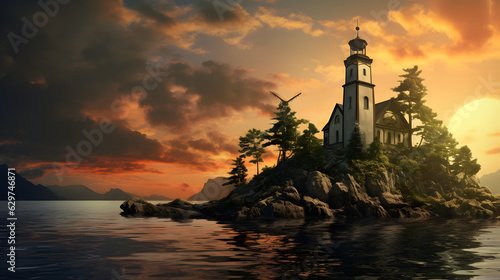 church on an island, off the coast
