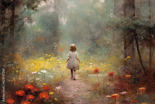 お花畑を歩く子供,Generative AI AI画像