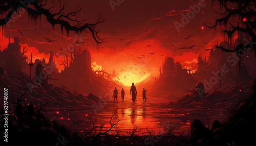 Canvas Print Dark Descent, Surreal Illustration of Lost Souls in Hell