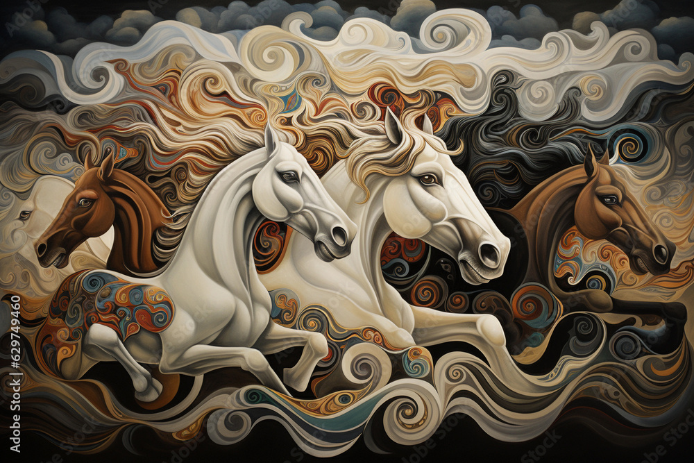 A painting of horses running on the dirt under a dark sky, style of light white