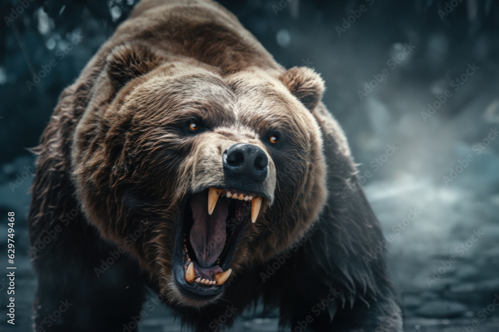 Close up shot of an incredibly angry bear created with Generative AI technology - obrazy, fototapety, plakaty 