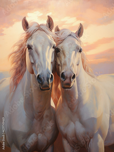 A painting of two horses cuddling in the evening sunset © katobonsai