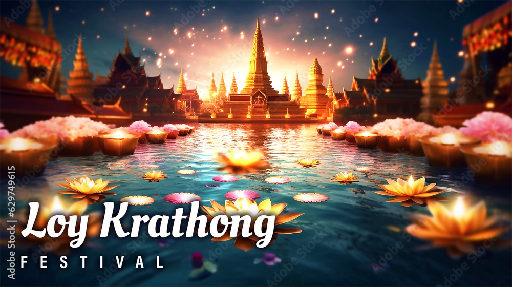 Happy Loy Krathong festival of Thailand background with lgolden temple and flying lantern - obrazy, fototapety, plakaty 