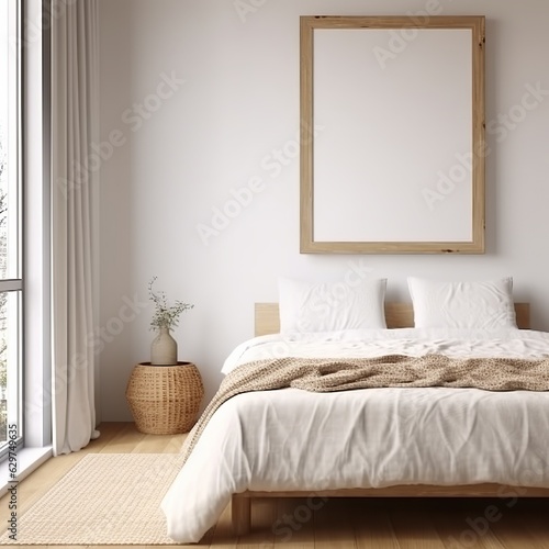 Coastal boho bedroom interior with frame mockup, 3D render. Created with Generative AI technology © mafizul_islam