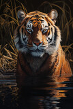 Tiger looking straight at the view background, in the style of dark