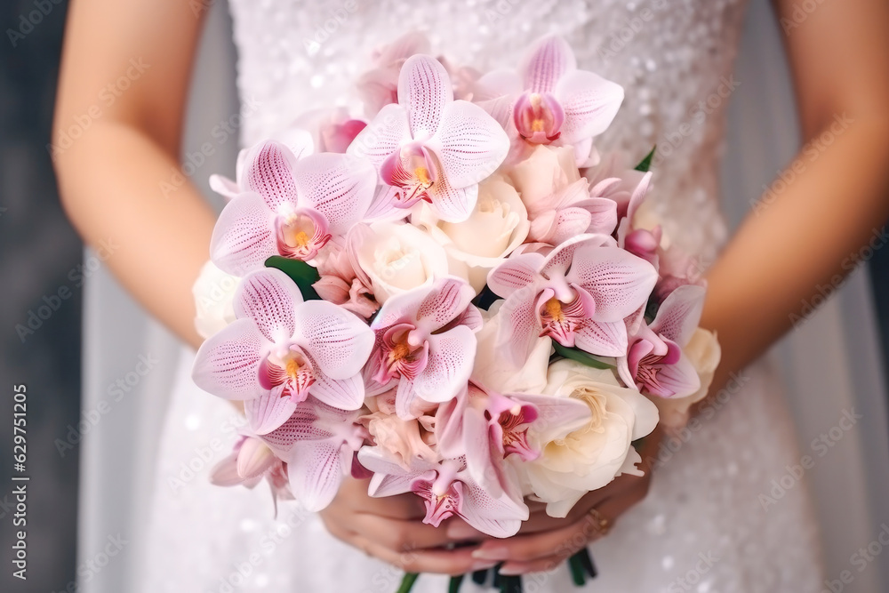 The bride holding a beautiful wedding bouquet of pink and white flowers in her hands, closeup The bride holding a beautiful wedding bouquet of pink and white flowers in her hands, closeup