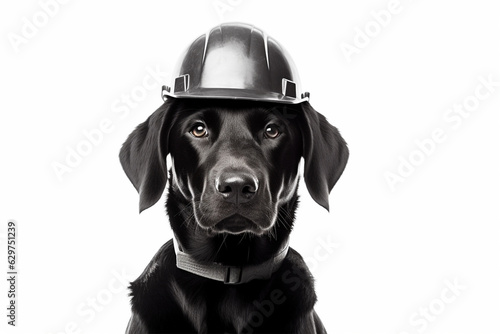 Cute black Labrador dog in a black protective construction helmet on a white background.