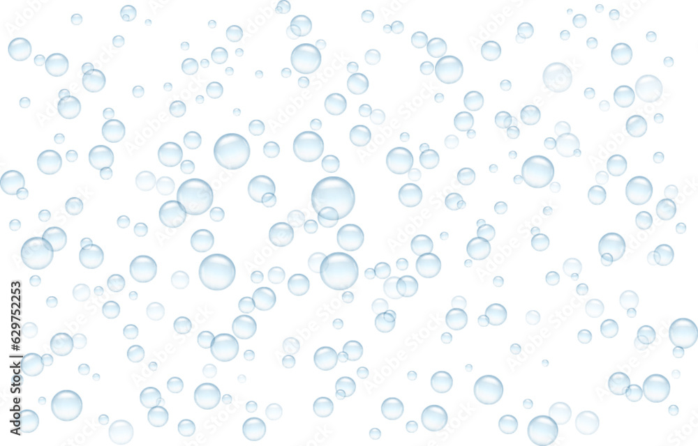 Clear small air balls texture of blue sea foam. Fizzy drink with sparkly effect in glass. 3D circle of gas bubbles as moisture bath soap, shower gel or shampoo washing texture