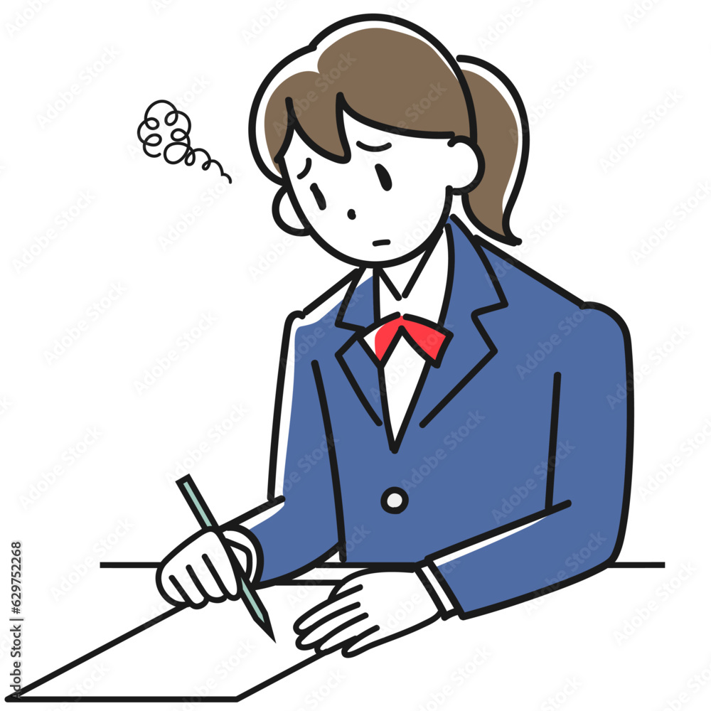 困った表情でテストを受ける女子高生のイラスト