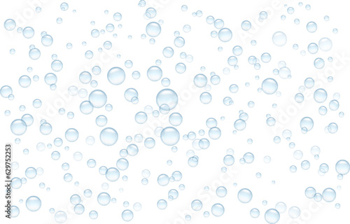 Clear small air balls texture of blue sea foam. Fizzy drink with sparkly effect in glass. 3D circle of gas bubbles as moisture bath soap, shower gel or shampoo washing texture