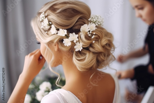 Hairdresser making an elegant hairstyle styling bride with white flowers in her hair