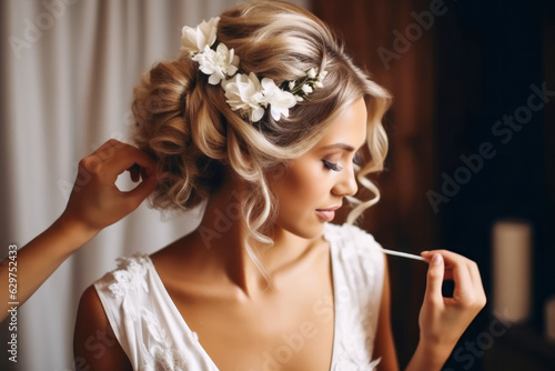 Fotomurale Hairdresser making an elegant hairstyle styling bride with white flowers in her