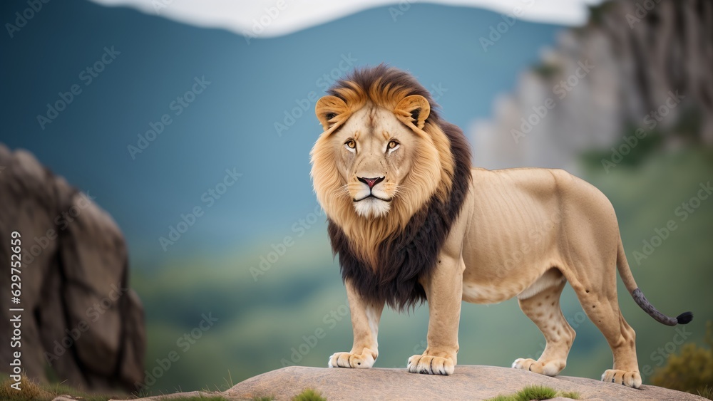 Fototapeta premium A Lion Standing On A Rock