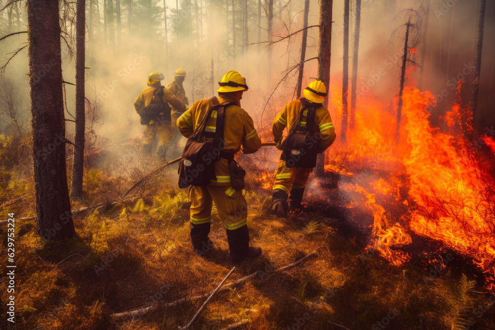 Naklejka premium Firefighters trying to put out a forest fire, firefighters fighting with grass and bush fires